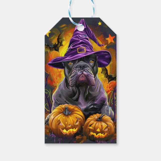 Étiquettes-cadeau Canne éffrayante Corso Chien Halloween sorcière et (Devant)