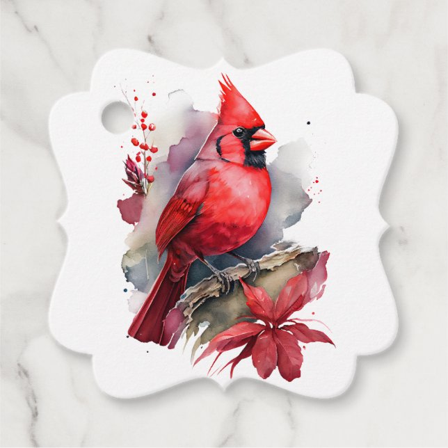 Étiquettes Cadeau Cardinal à l'aquarelle rouge (Devant)