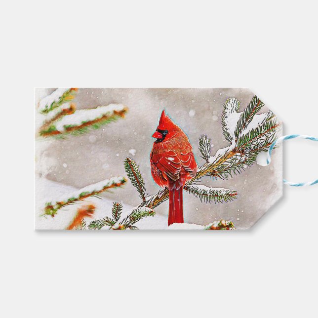 Étiquettes-cadeau Cardinal dans un pin en hiver (Devant (Horizontal))