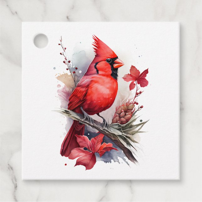 Étiquettes Cadeau Cardinal d'hiver à l'aquarelle rouge (Devant)