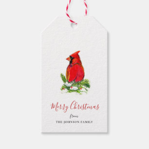 Étiquettes-cadeau Cardinal sur branche de pin aquarelle peinte