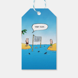 Étiquettes-cadeau Caricature amusante de Shark Volleyball