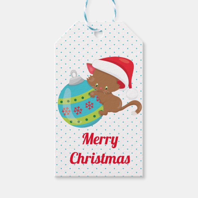 Étiquettes-cadeau Caricature de l'ornement de Noël Kitten Blue Polka (Devant)