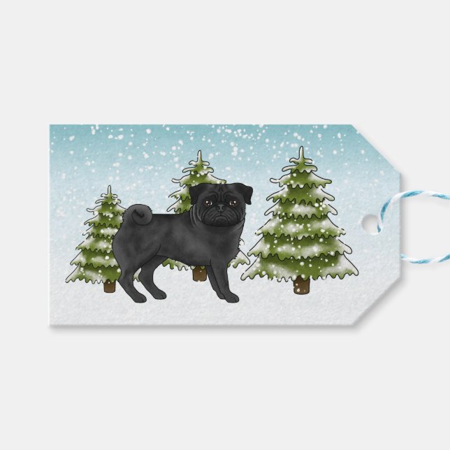 Étiquettes-cadeau Carlin noir mignon caricature Chien Snowy Winter F (Devant (Horizontal))
