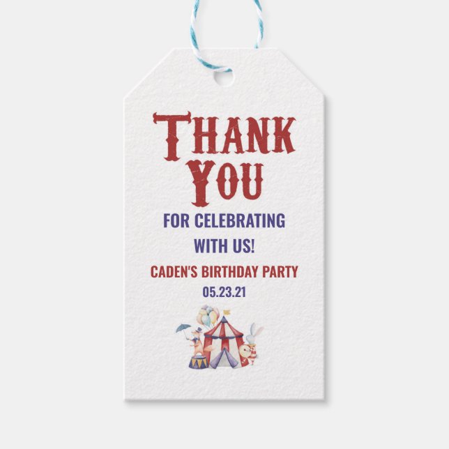 Étiquettes-cadeau Carnaval de cirque fête d'anniversaire Merci Favor (Devant)