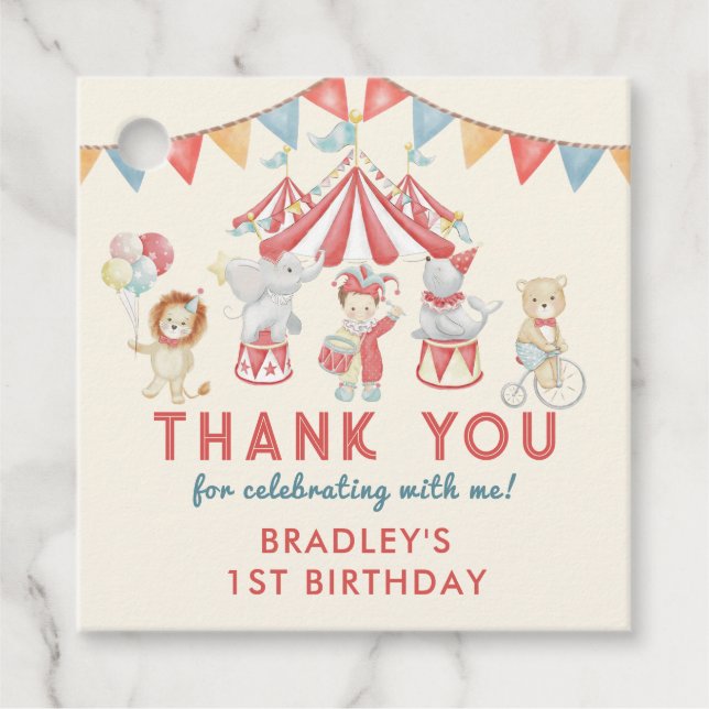 Étiquettes Cadeau Carnaval de Cité Cirque Show Anniversaire Merci (Devant)