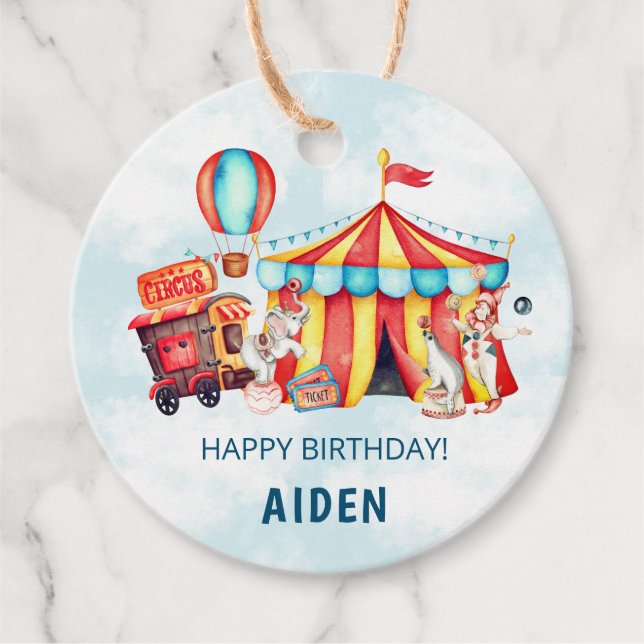 Étiquettes Cadeau Carnival Cirque Big Top Blue Anniversaire (Devant)