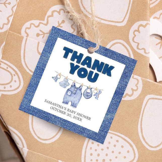 Étiquettes Cadeau Carré Baby shower Baby Blue Jean (Blue Jean Denim Baby Shower Favor Tags)