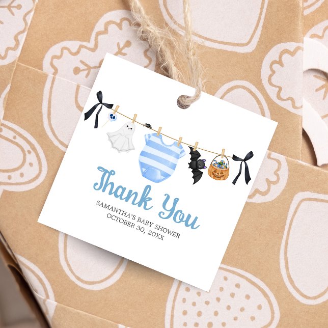 Étiquettes Cadeau Carré Baby shower Blue Little Boo (Boy Little Boo Halloween Clothesline Baby Shower Square Favor Tags)