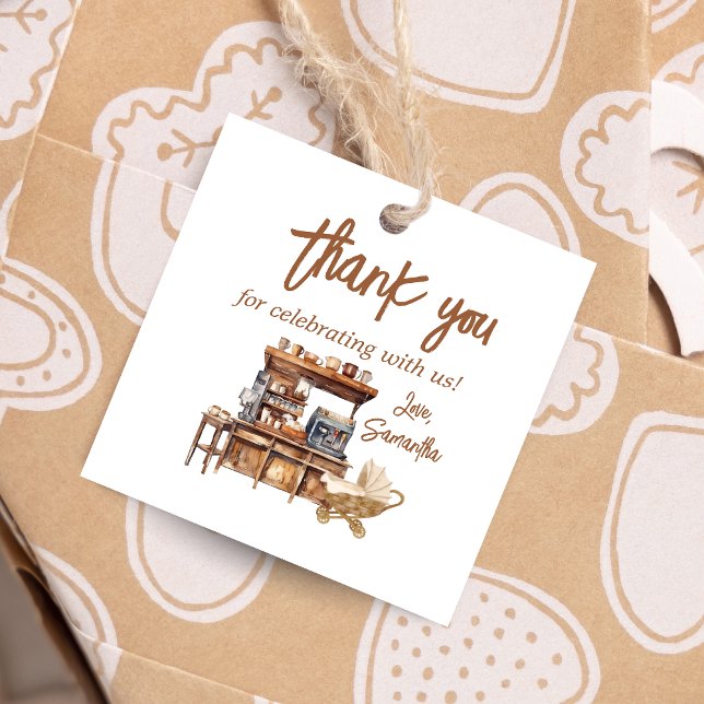 Étiquettes Cadeau Carré Baby shower café bébé (Coffee Baby Shower Favor Tags)