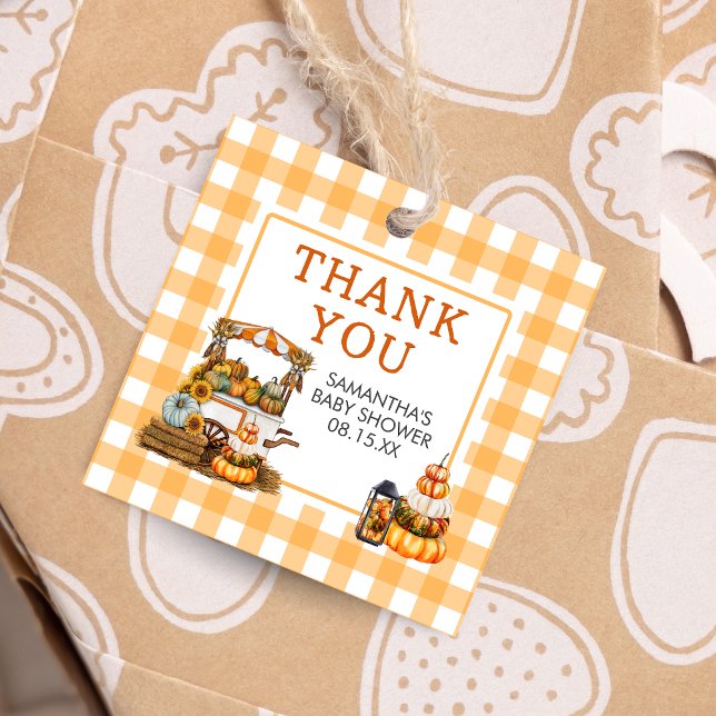 Étiquettes Cadeau Carré de Baby shower Citrouille localement dévelop (Fall Pumpkin Baby Shower Favor Tags)