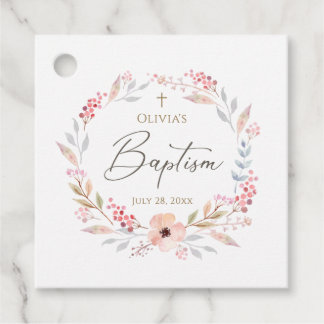 Étiquettes Cadeau Carré de baptême de fille floral rose tendre
