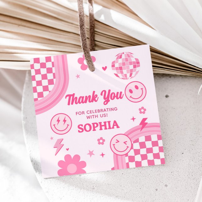 Étiquettes Cadeau Carré de fête d'anniversaire rose Retro Super (Pink Retro Groovy Let's Party Birthday Party Square Favor Tags)
