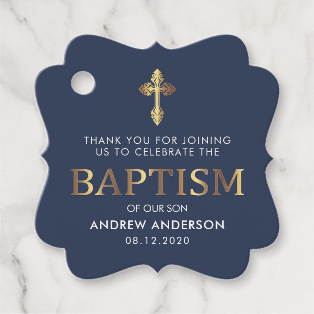 Étiquettes Cadeau Carré Elegant Gold & Marine Blue Baptism Merci (Devant)