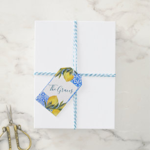 Étiquettes-cadeau Carreau toscan aquarelle au citron