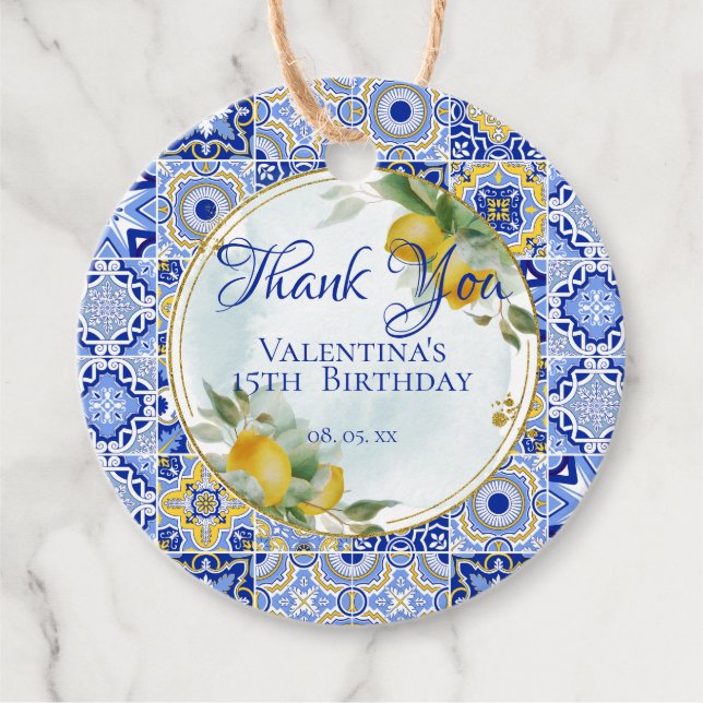 Étiquettes Cadeau Carreaux bleu or italien Citrons Script Merci (Devant)