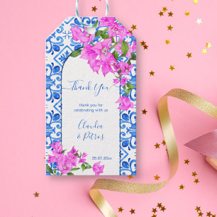 Étiquettes-cadeau Carreaux bleus et Bougainvilliers élégant merci