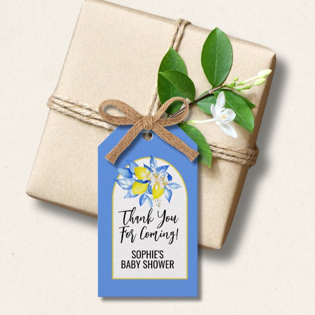 Étiquettes-cadeau Carreaux bleus italiens, Ciao Baby, Citrons jaunes (Créateur téléchargé)