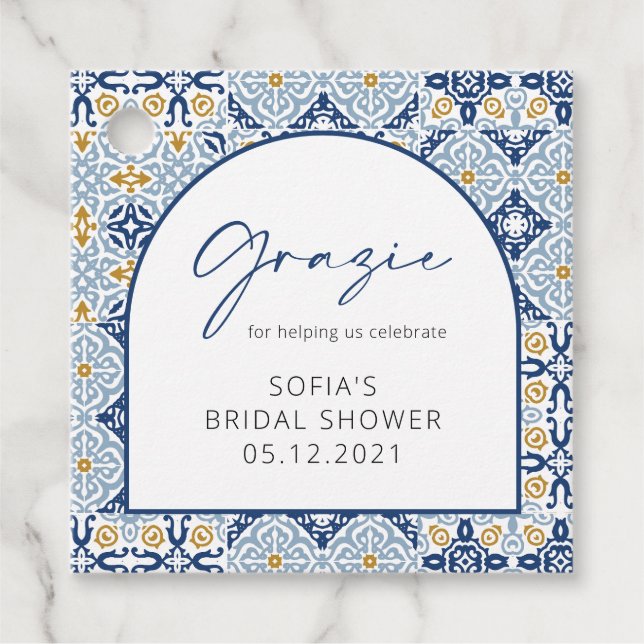 Étiquettes Cadeau Carreaux bleus italiens Grazie Baby Shower Merci  (Devant)