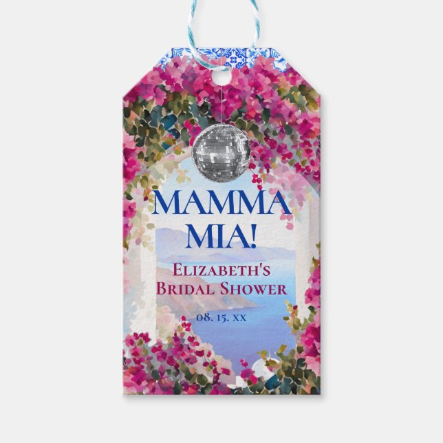 Étiquettes-cadeau Carreaux bleus méditerranéens Fleurs roses Boule d (Devant)