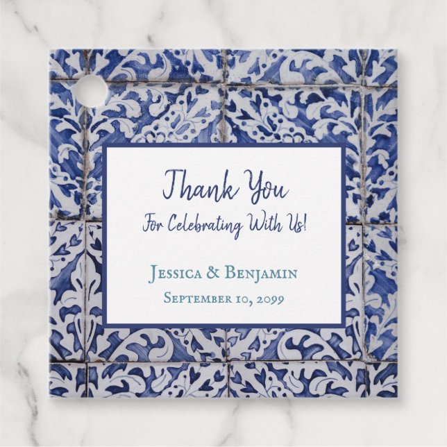 Étiquettes Cadeau Carreaux portugais customisés - Azulejo Floral (Devant)