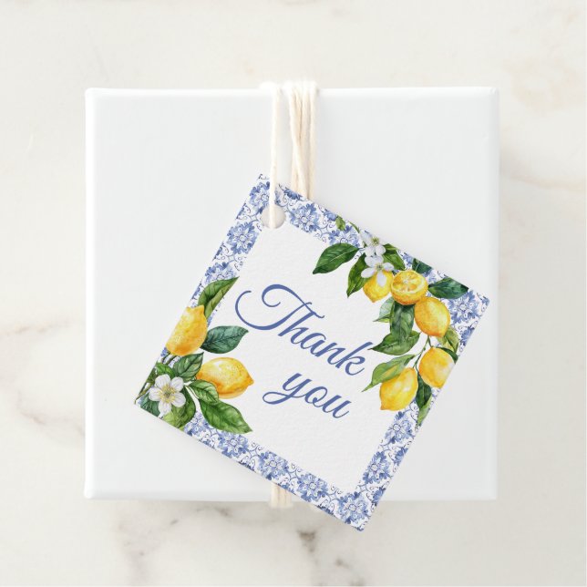 Étiquettes Cadeau Carrelage bleu méditerranéen Baby shower citron Me (En situation)