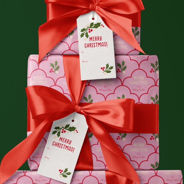 Étiquettes-cadeau Carrelage de Saint-Jacques rouge Spriges de Noël (festive Christmas gift tags with illustrated holly, berries, and flowers and red twine)