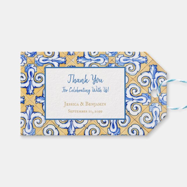 Étiquettes-cadeau Carrelage espagnol customisé Azulejo Bleu, Jaune,  (Devant (Horizontal))