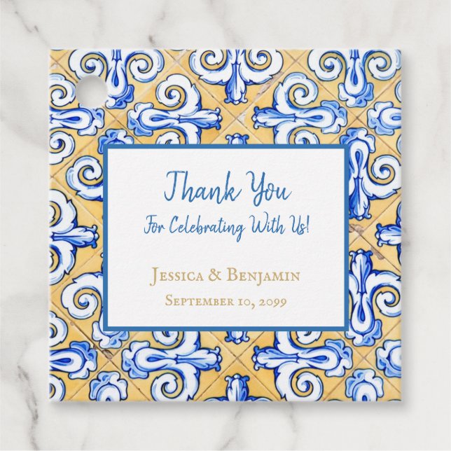 Étiquettes Cadeau Carrelage espagnol customisé Azulejo Bleu, Jaune,  (Devant)