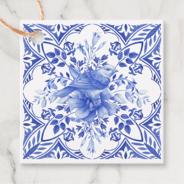 Étiquettes Cadeau Carrelage floral bleu et blanc avec oiseau (Devant)