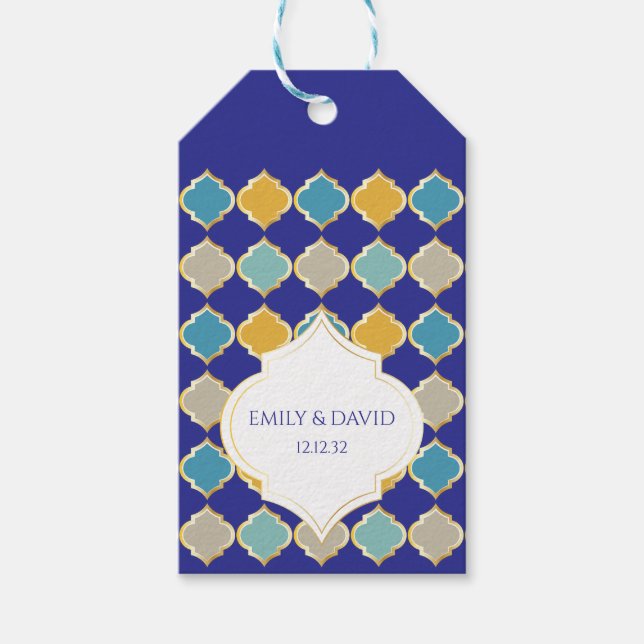 Étiquettes-cadeau Carrelage marocain Royal Bleu Jaune Mariage (Devant)