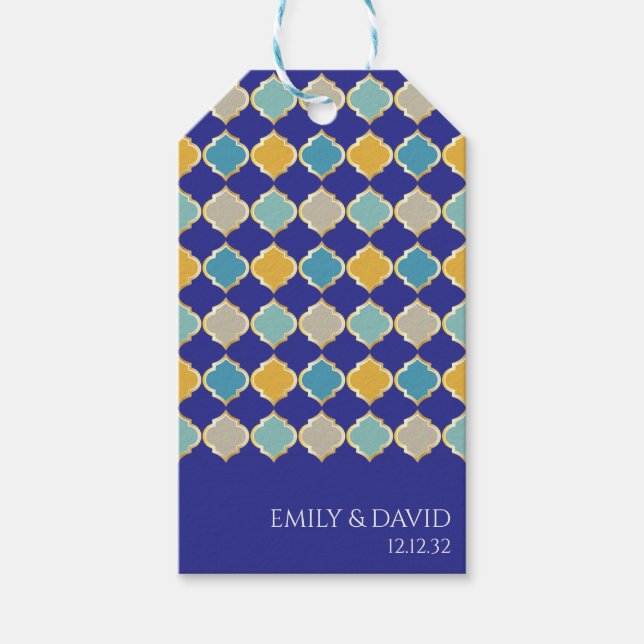 Étiquettes-cadeau Carrelage marocain Royal Bleu Jaune Mariage (Devant)