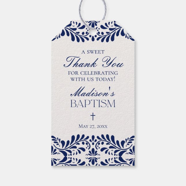 Étiquettes-cadeau Carrelage Talavera bleu Espagne Fiesta Baptême Fav (Dos)