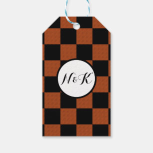 Étiquettes-cadeau Carrés à carreaux noirs et orange Buffalo Plaid