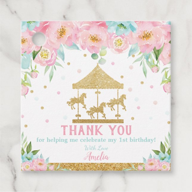Étiquettes Cadeau Carrousel floral à menthe rose Chic Merci d'annive (Devant)