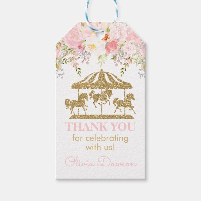 Étiquettes-cadeau Carrousel floral Blush Baby shower rose et or (Devant)