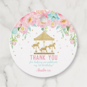 Étiquettes Cadeau Carrousel floral de Monnaie rose Anniversaire Merc