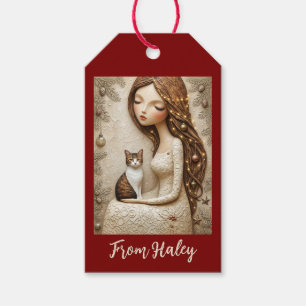 Étiquettes-cadeau Carte de Noël Fantaisiste Chat et Jeune Fille d'Hi