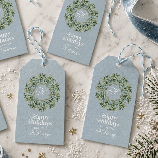 Étiquettes-cadeau Carte de vacances plate avec monogramme en script  (Watercolor Monogram Script Photo Flat Holiday Card Gift Tags)
