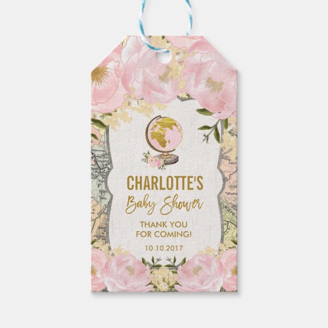 Étiquettes-cadeau Carte de Voyage Flore Rose Bleu Aventure Favoriser (Devant)