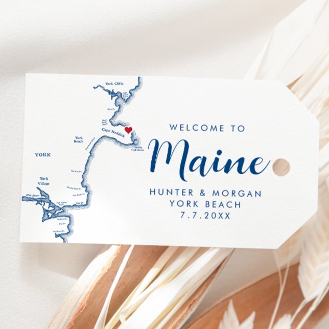 Étiquettes-cadeau Carte du Maine de York Moins moderne Mariage de la (York Maine Wedding Favor Gift Tag Welcome to Maine navy blue by Coastal Map Designs)