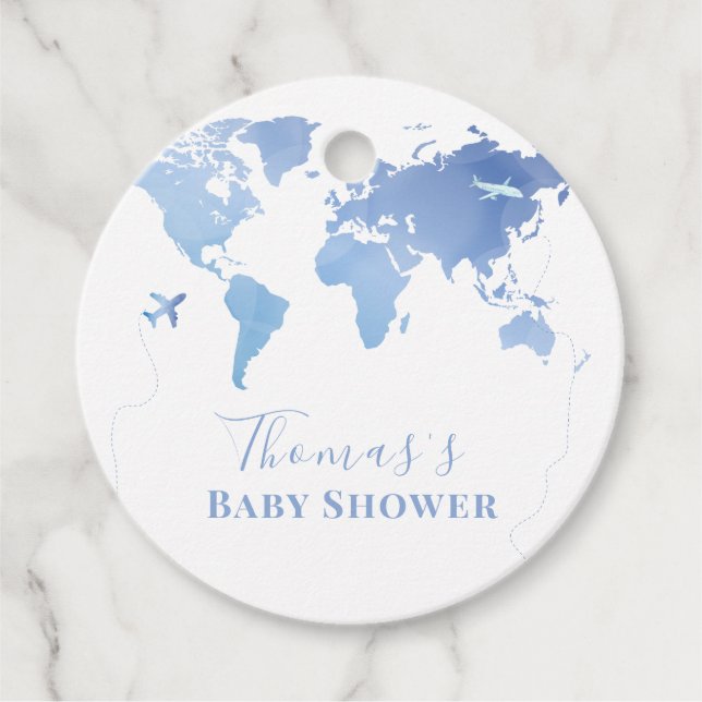 Étiquettes Cadeau Carte du monde bleu Voyage Baby shower d'aventure (Devant)