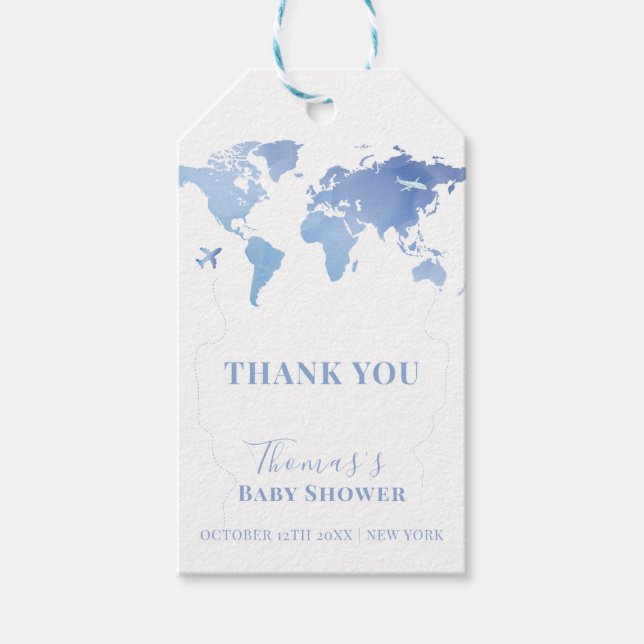 Étiquettes-cadeau Carte du monde bleu Voyage Baby shower d'aventure (Devant)