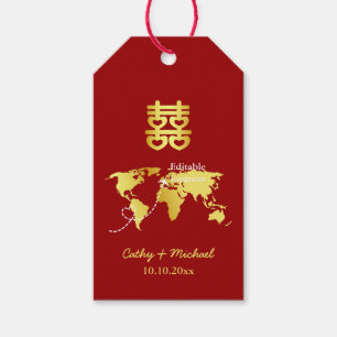 Étiquettes-cadeau Carte du monde rouge et or destination mariage chi
