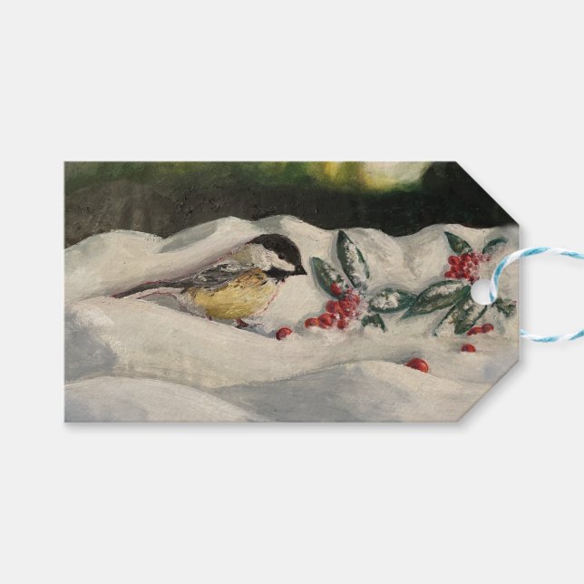 Étiquettes-cadeau Carte pliée Chick-a-Dee avec gui (vierge) (Devant (Horizontal))
