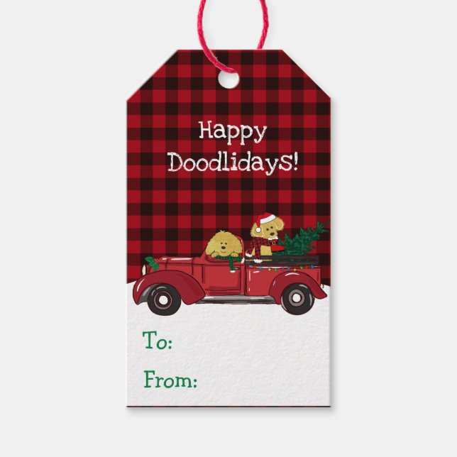 Étiquettes-cadeau Cartoon Goldendoodles Camion de Noël Rouge (Devant)