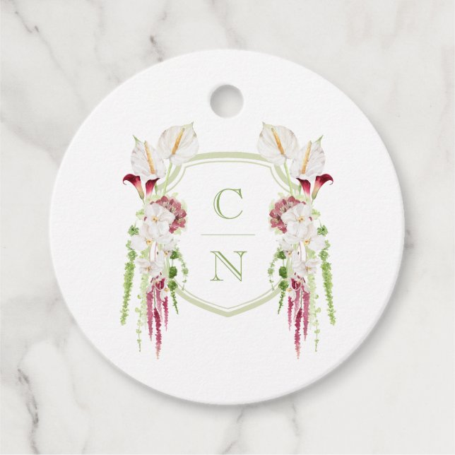 Étiquettes Cadeau Cascading Floral Monogram Crest Wedding (Devant)