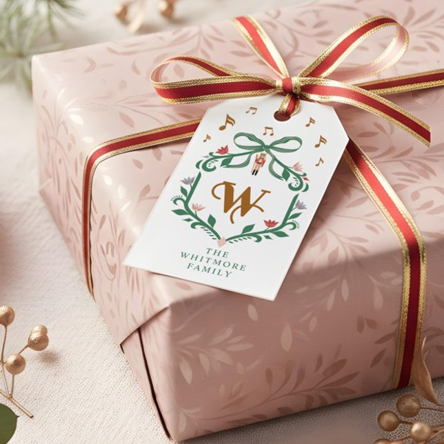 Étiquettes-cadeau Casse-noisettes de Noël Whimsical Monogram Crest B (Whimsical Christmas Nutcracker Monogram Crest Bow Gift Tags)