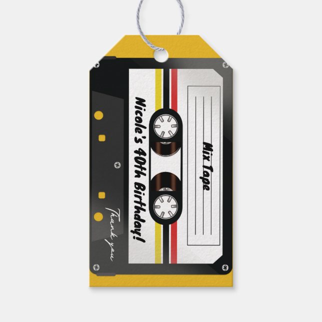 Étiquettes-cadeau Cassette Audio Rétro Jaune Fête d'Anniversaire 90 (Devant)
