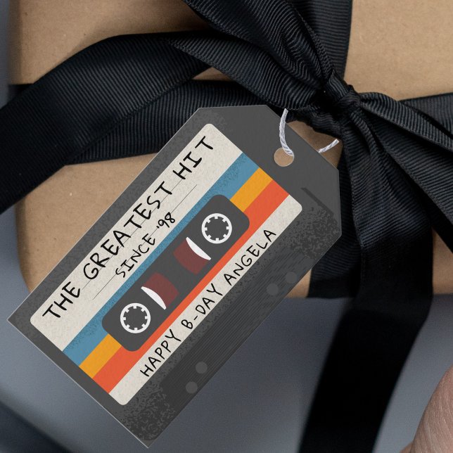 Étiquettes-cadeau Cassette d'anniversaire Retro Greatest Hit (vintage retro cassette tape birthday party gift tag)